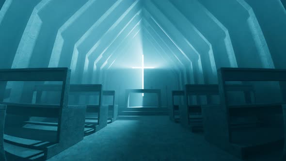 Interior of modern minimalistic chapel or church. Morning light. 4k HD