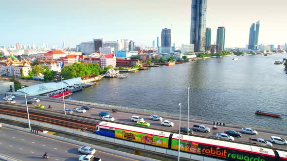 Aerial view over Bangkok city and Chao phraya river