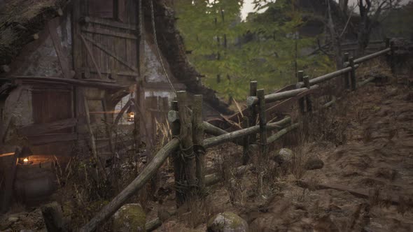 Old Rural Abandoned Wooden Village Under Cloudy Sky in Autumn Season alt