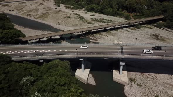 Aerial View of Traffic on Bridge, 2 Lane Road with Cars