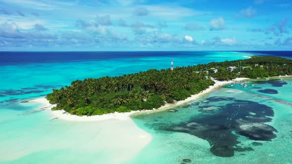 Aerial view nature of paradise island beach trip by blue lagoon and white sandy background of a dayo