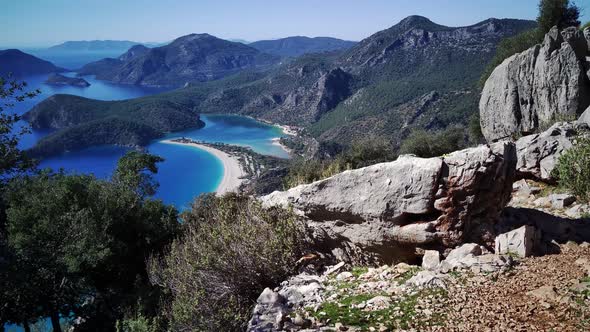 Amazing beautiful panoramic view from drone of Oludeniz Blue lagoon beach in Fethiye in Mugla