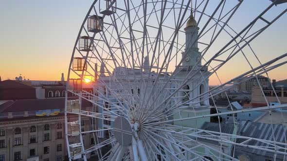 Ferris Wheel in the Morning at Sunrise in Kyiv, Ukraine. Aerial View