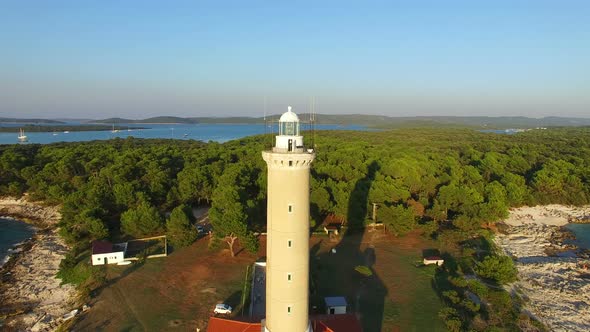 Aerial view of a lighthouse, Croatia with landscape in the background