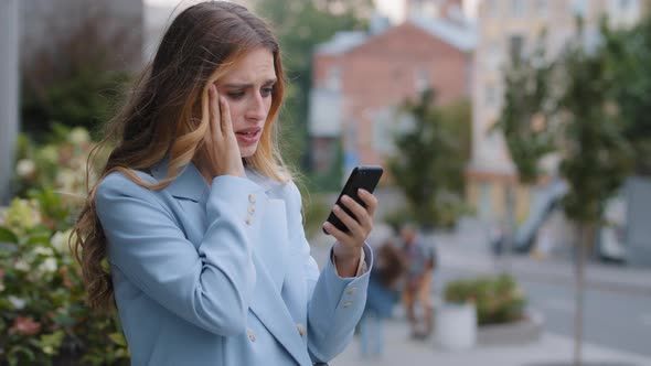 Business Woman Caucasian Girl Lady Female Looking in Mobile Phone Feels Shock Upset Worries About