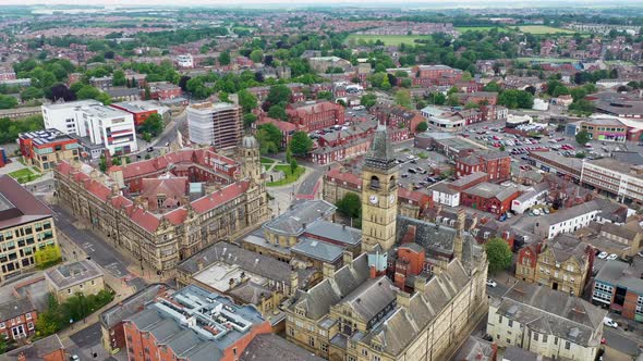 Aerial drone footage of the town centre of Wakefield in West Yorkshire in the UK