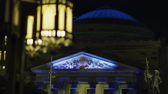 Monument in front of the Bank of Montreal, at night