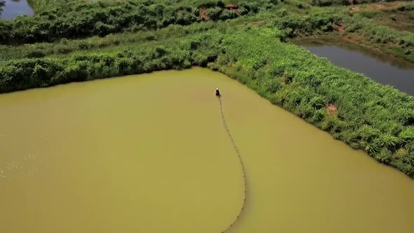 Drone view of fishermen in a fishing pond preparing a net to catch fish on a fish farm in rural Braz