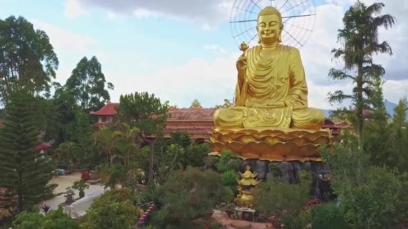 Drone Shows Fantastic Beautiful Gold Buddha with Lotus Flower