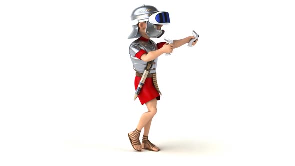 Fun 3D cartoon roman soldier playing with a VR headset