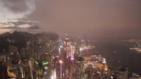 Aerial view of Hong Kong skyline at night, Hong Kong.