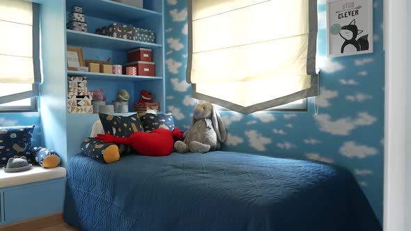 Sky Blue Bedroom For Little boy Stuffed with Toys and Dolls