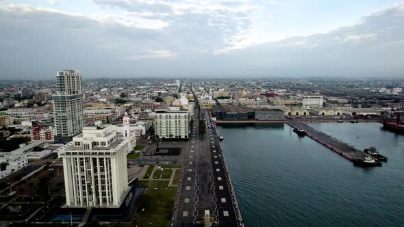 drone shot of the main boardwalk of the port of veracruz at dawn