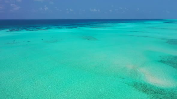 Aerial seascape of idyllic seashore beach wildlife by transparent ocean and white sandy background o