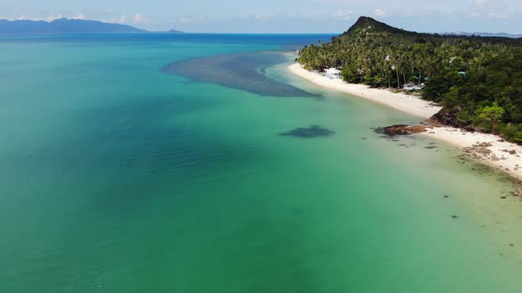 Green Jungle and Stony Beach Near Sea. Tropical Rainforest and Rocks Near Calm Blue Sea on White