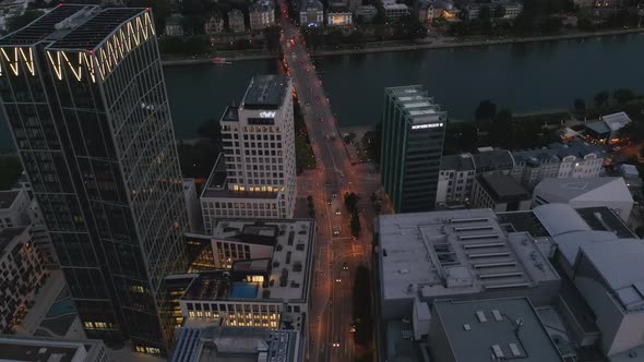 AERIAL: View Over Frankfurt Am Main River Main and Skyscrapers in Foreground in June 2020