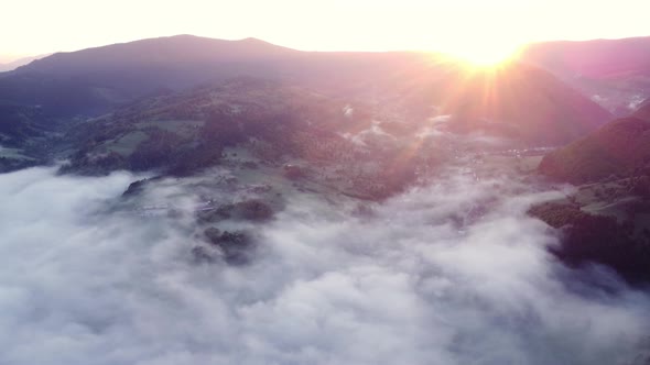 Sunrise  Misty a Cloud Inversion in a Rural Valley in Mountain Rural Landscape