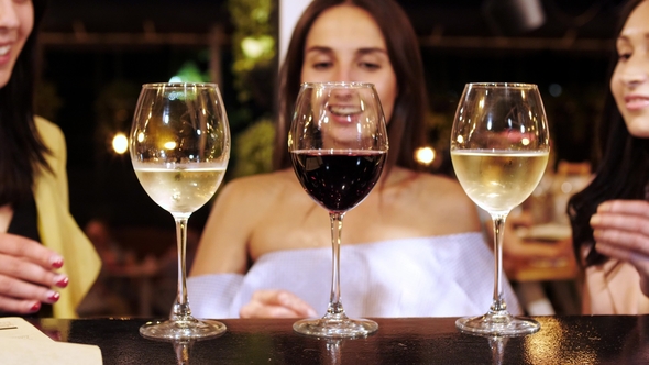 Three Pretty Girls Are Clink Glasses with Drinks at the Bar.