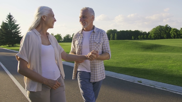 Active Positive Seniors Enjoying a Walk in Park