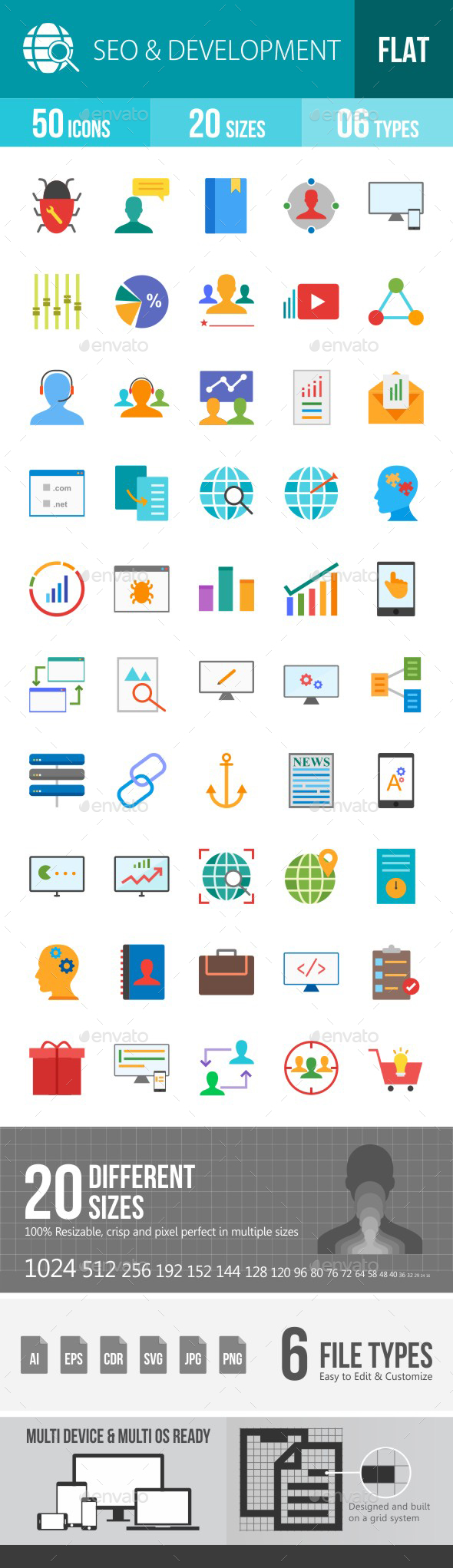 SEO & Development Services Flat Multicolor Icons
