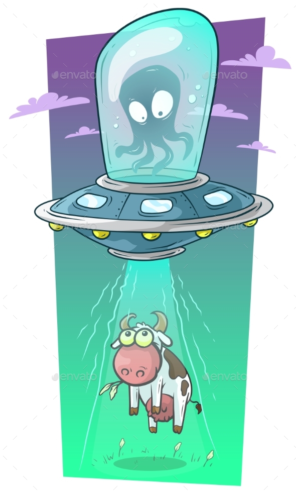 Cartoon Alien Monster in Spaceship Stealing Cow
