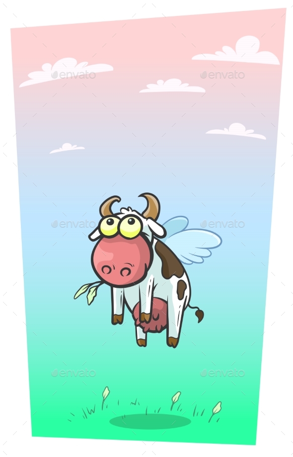Cartoon Cool Flying Cow with Cute Wings Vector