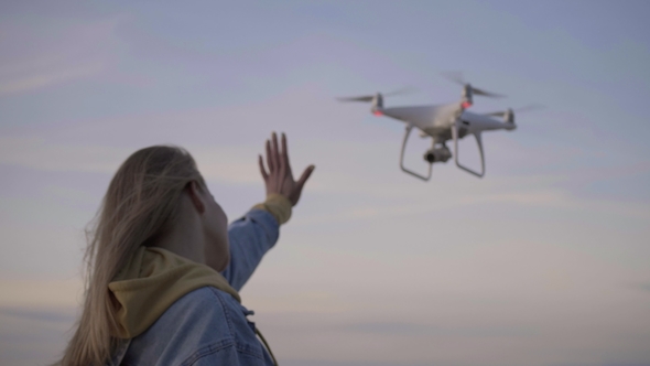 Flying Above Sea Copter Checking Video of Girl