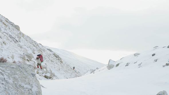 Porters with Heavy Load on the Larke Pass in Nepal, 5100m Altitude