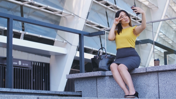 Cute Business Woman Making Selfie on Smartphone