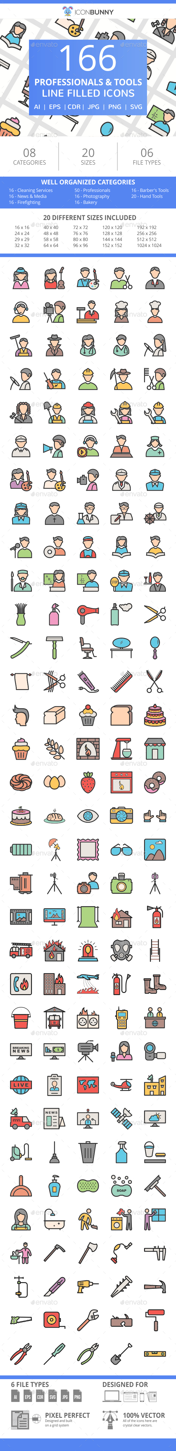 166 Professionals & their Tools Filled Line Icons