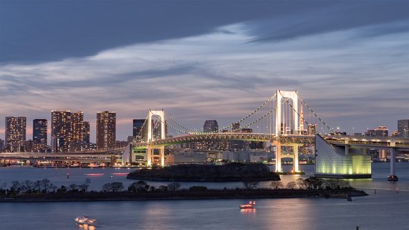 Tokyo, Japan, Timelapse  - The Rainbow Bridge of Tokyo from Day to Night