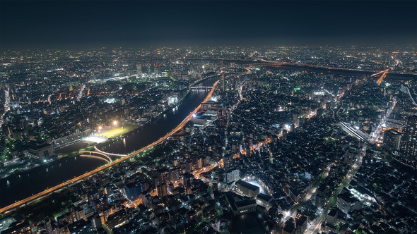 Tokyo, Japan, Timelapse  - The North of Tokyo s city traffic at Night from the Sky Tree Tower