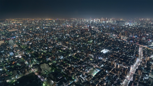 Tokyo, Japan, Timelapse  - Shibuya at Night from the Sky Tree Tower Wide Angle