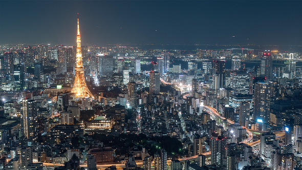 Tokyo, Japan, Timelapse  - Tokyo's skyline from day to night from the Mori Museum