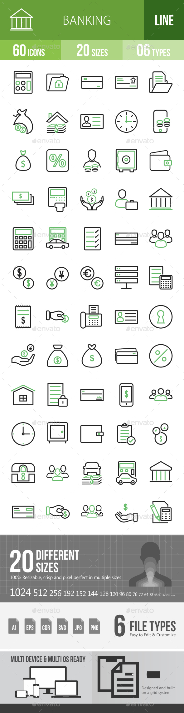 60 Banking Green & Black Line Icons