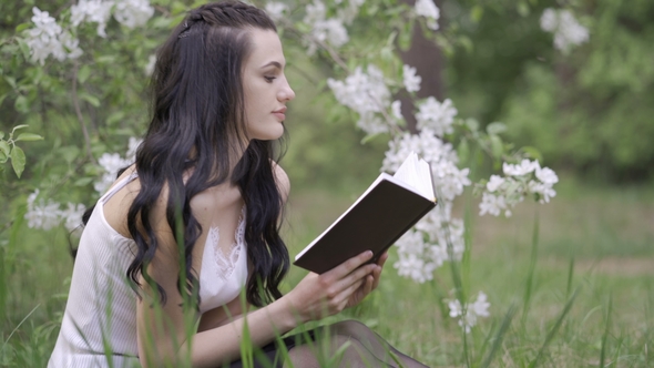 Young Woman Reading a Book Outdoor Leaning Against Tree Relaxing Hobby