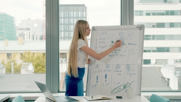 Business Woman Making Presentation on Whiteboard. Young Stylish Woman with Long Blond Hair Writing