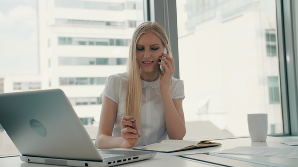 Serious Woman Working in Light Office Room. Elegant Modern Business Woman with Laptop and Papers at