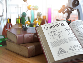 chemistry and formulas and textbooks, flasks with liquids and microscope in a classroom or a laboratory. 3d illustration