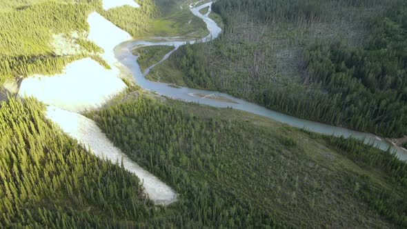 Turquoise waters of Trout river flowing through pine forest in the valley of Northern rockies in Bri