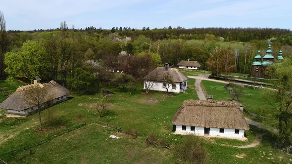 Aerial View Over Traditional Ukrainian Village in Spring, Pirogovo, KIev