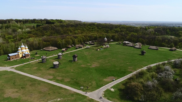 Aerial View Over Traditional Ukrainian Village in Spring, Pirogovo, KIev