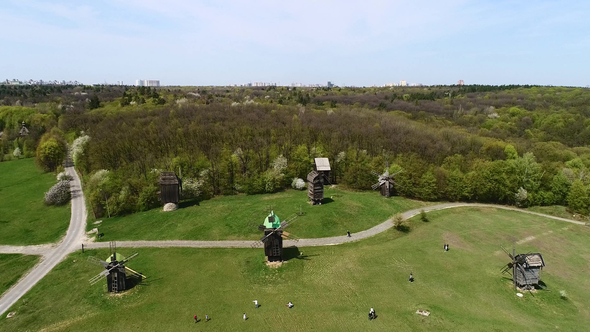 Aerial View Over Traditional Ukrainian Village in Spring, Pirogovo, KIev