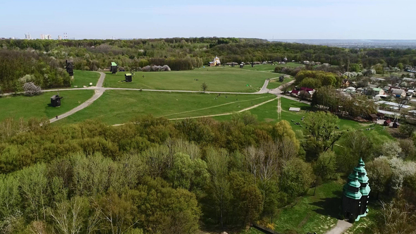 Aerial View Over Traditional Ukrainian Village in Spring, Pirogovo, KIev