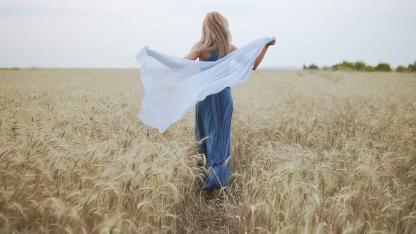 Back View of Attractive Young Woman in a Long Blue Dress Running Through Golden Wheat Field Holding