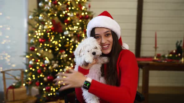 Girl Holding a Small Dog in Her Arms on New Year's Eve
