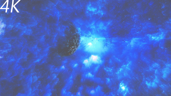 Flying Through Abstract Space Nebula to Planets with Asteroids Belt and Star Shine alt