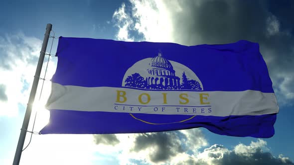 Boise City Flag City of Idaho in USA or United States of America Waving at Wind in Blue Sky