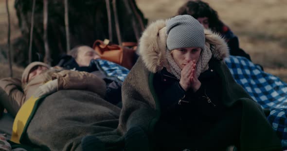 Refugee In Forest Feeling Cold During RussianUkrainian War