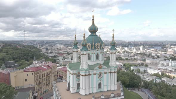 The Architecture of Kyiv. Ukraine. St. Andrew's Church. Aerial. Slow Motion, Gray, Flat